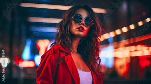 Stunning Girl in Sunglasses in Red City Lights