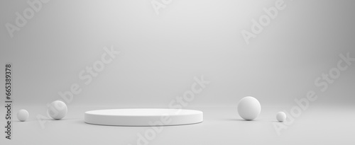 White round cylinder podium or platform with spheres on white background. © Cagkan