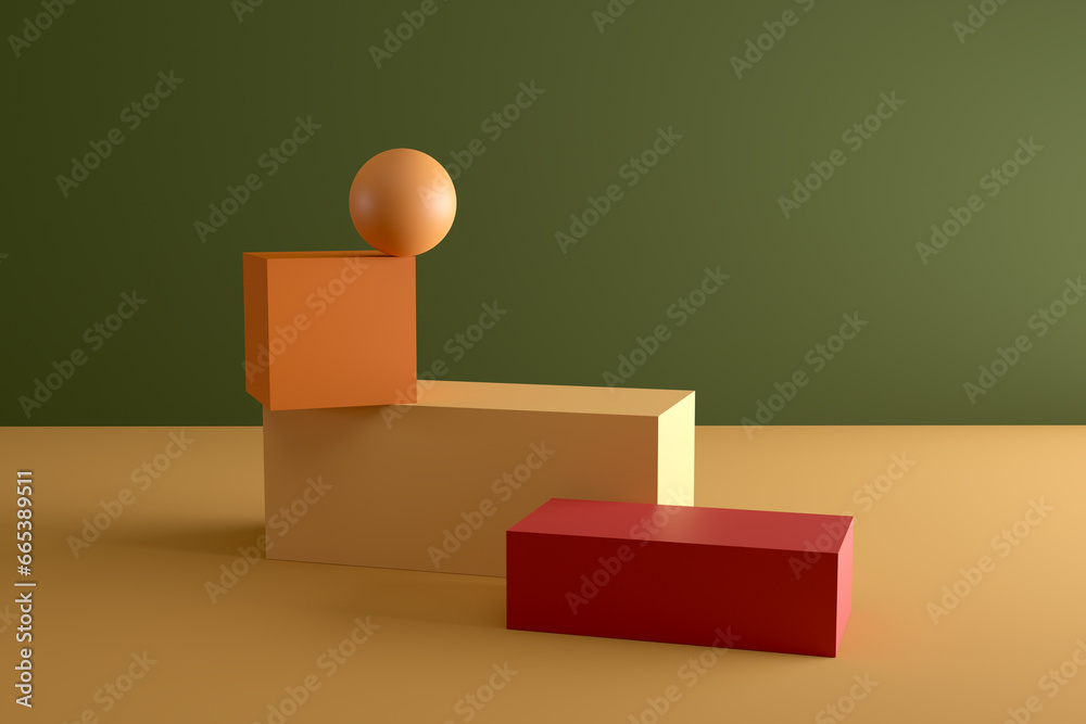 Red and orange podium with wooden geometric shapes for advertising and product placement. Red and orange podium with wooden geometric shapes for advertising and product placement.