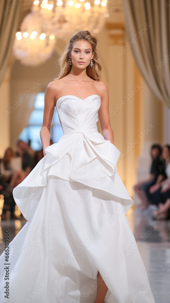 Naklejka premium Wedding Model. Female models walk the runway in beautiful stylish white wedding dresses during a Fashion Show