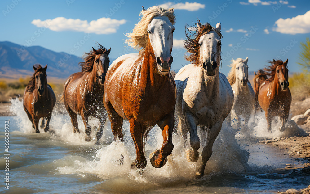 Obraz premium Wild Horse Herd Galloping Through the Rugged Wilderness