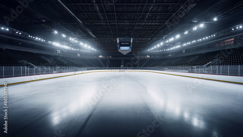 Majestic ice rink arena illuminated by radiant beams, showcasing vast empty blue seats and a shimmering icy surface under spotlight. A venue ready for action. 