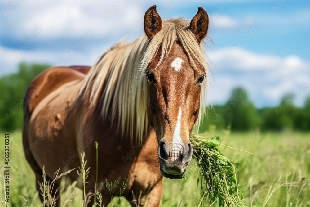 Brown horse with blond hair eats grass on a green meadow detail from the head. Brown horse with blond hair eats grass on a green meadow detail from the head.
