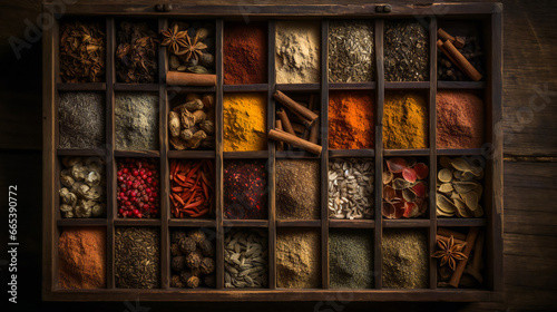 variety of most most popular spices in a wooden box. Ai Generated © EwaStudio