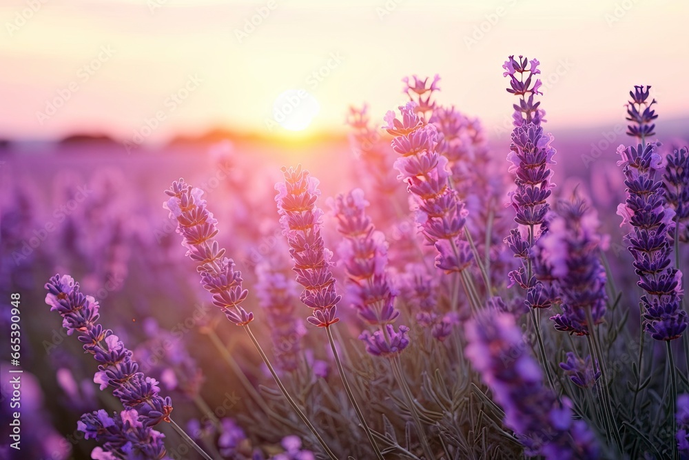 Fototapeta premium Close up lavender flowers in beautiful field at sunset.