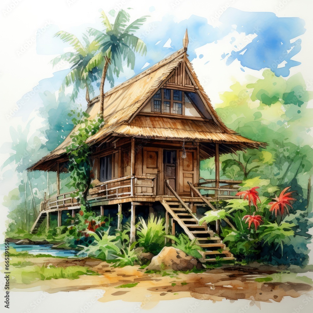 A watercolored bright serene image of a traditional bahay kubo. A watercolored bright serene image of a traditional bahay kubo.