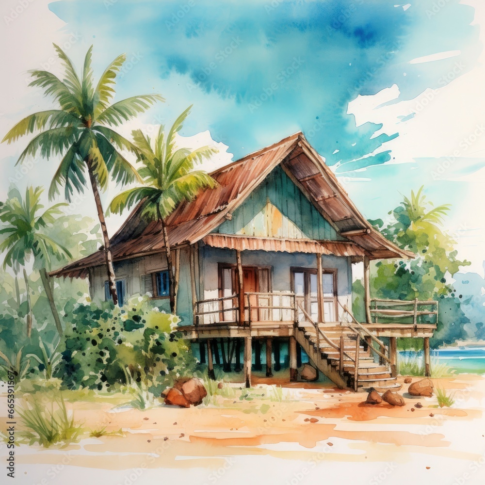 A watercolored bright serene image of a traditional bahay kubo. A watercolored bright serene image of a traditional bahay kubo.