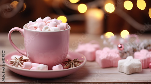 Pink cup of hot cocoa with marshmallows on a wooden table with Christmas spices