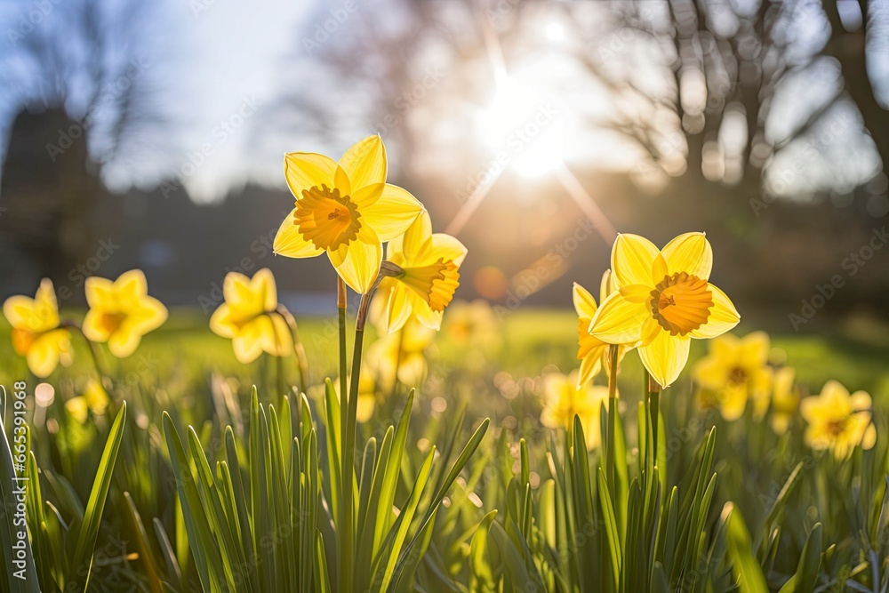 Obraz premium Daffodils in spring backlit by sun.