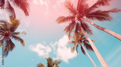Pink sky and palm tree view from below,  travel concept. © oldesign