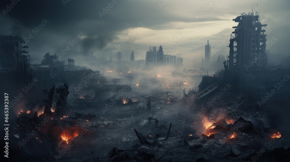 Apocalypse city in fog. Aerial View of the destroyed city. Apocalypse concept. 3d rendering.