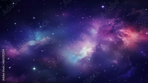 A celestial portrayal of the cosmic galaxy, featuring space dust, nebulae, and brilliantly shining stars. This colorful galaxy backdrop creates a stunning space-themed setting. The vector illustration