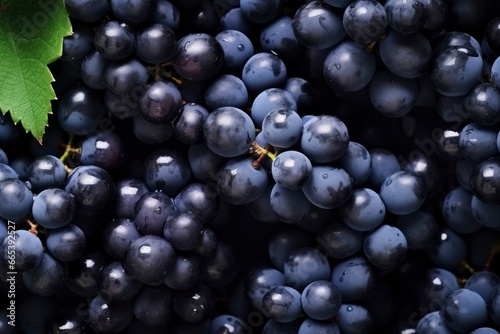 Flat lay background of vines, lots of organic blue dark grapes.