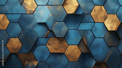 An artistic representation of geometric hexagons set against a textured blue background, adorned with elegant gold elements. This fresco is designed for interior printing