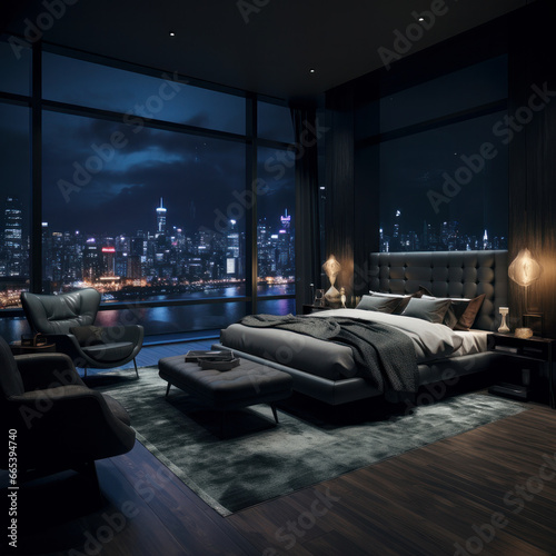  penthouse bedroom at night, dark gloomy, A room with a view of the city from the bed, ai generative