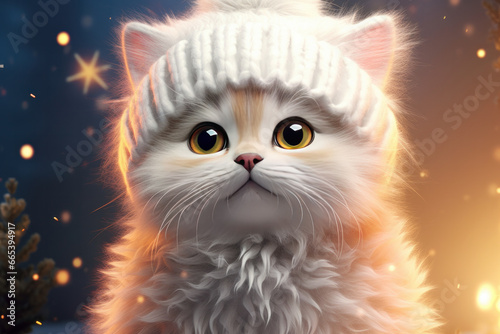 A cute snow cat in a wool scarf and colorful Christmas fairy lights. A cozy and festive holiday portrait of a domestic cat. ai generative