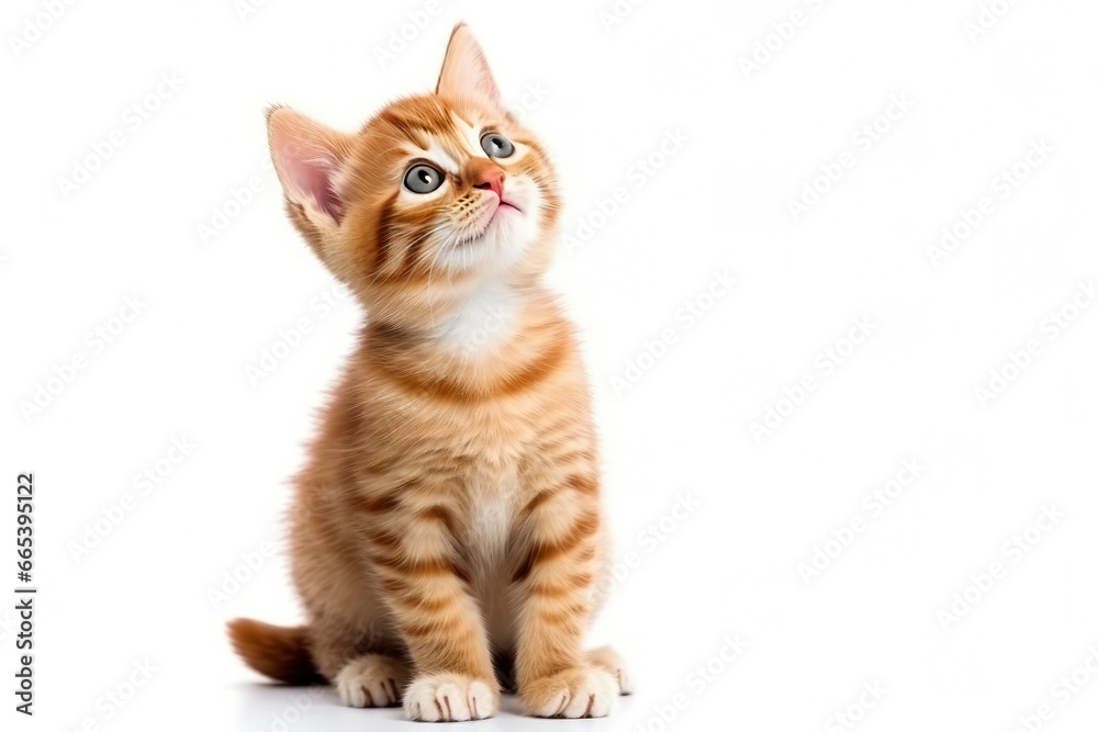 Playful funny kitten looking up isolated on a white background. - obrazy, fototapety, plakaty 