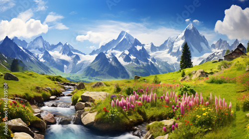 A picturesque Alps view with flowering flowers