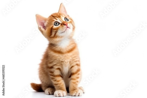 Playful funny kitten looking up isolated on a white background. photo