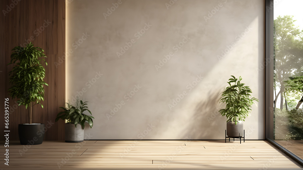 Modern contemporary loft empty room with open door to garden ,The Room. have concrete and wooden plank wall, parquet floor, plants, panoramic window. Modern contemporary loft empty room with open door to garden ,The Room. have concrete and wooden plank wall, parquet floor, plants, panoramic window.