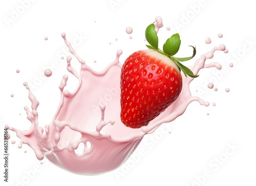 milk or yogurt splash with strawberries isolated on white background  3d rendering.