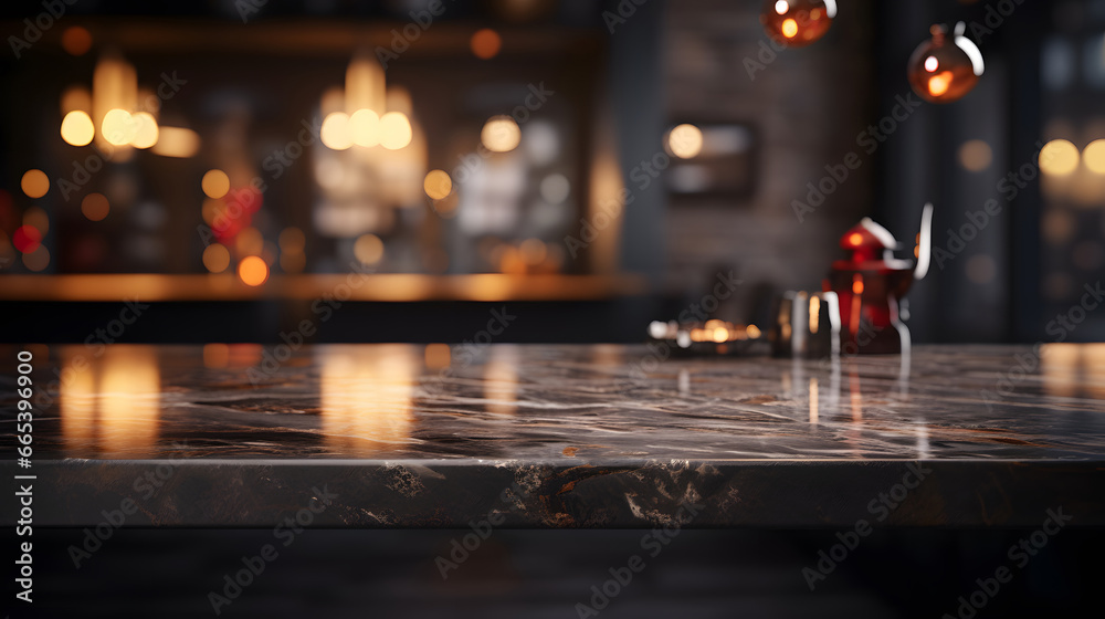 Modern empty dark marble table on blurry bokeh kitchen room interior background. for montage product display. luxury  interior