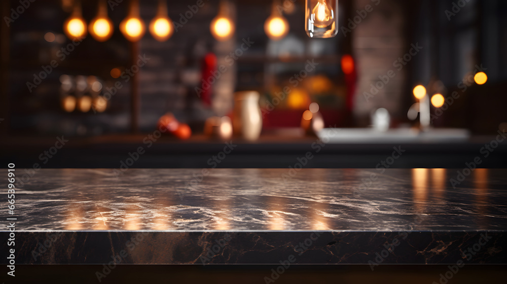 Modern empty dark marble table on blurry bokeh kitchen room interior background. for montage product display. luxury interior Modern empty dark marble table on blurry bokeh kitchen room interior background. for montage product display. luxury interior