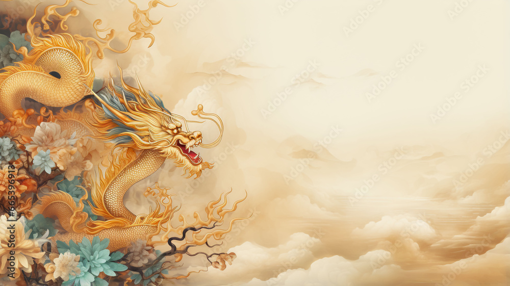 golden dragon images It has a pastel gold background. For various designs or festivals such as New Year, carnival, abstract. - obrazy, fototapety, plakaty 