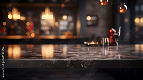 Modern empty dark marble table on blurry bokeh kitchen room interior background. for montage product display. luxury interior