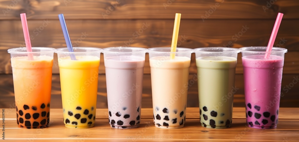 Plastic cups of different tasty bubble tea on wooden background. Plastic cups of different tasty bubble tea on wooden background.