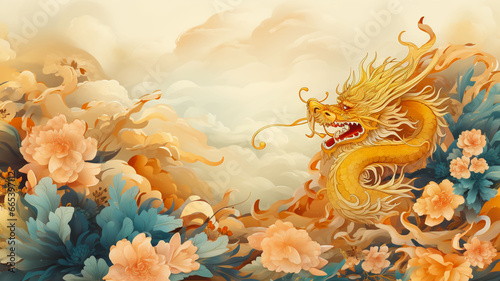 Chinese and Japanese style golden dragon images It has a pastel gold background. For various designs or festivals such as New Year, carnival, abstract.