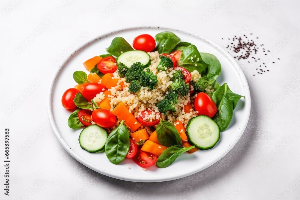 Salad with quinoa, spinach, broccoli, tomatoes, cucumbers and carrots.