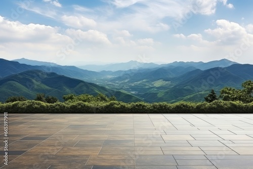 Square floor and green mountain nature landscape.