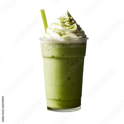 A matcha green tea frappe, topped with a sprinkle of vibrant matcha powder, isolated on a transparent background. © The Food Stock