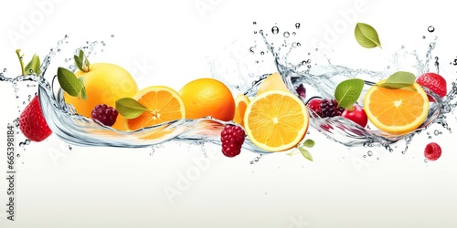 Swirl water splash with fruits. liquid flow with ice cubes and a mix of fresh fruits. © MdHafizur