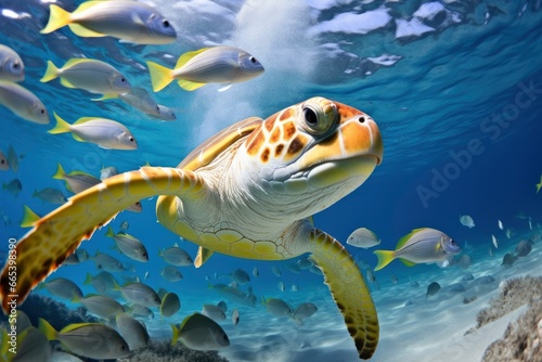 Turtle closeup with school of fish. © MdHafizur