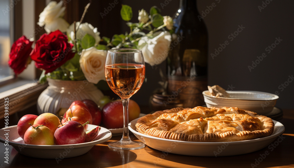 Still life with a glass of rose wine and apple pie on a table Still life with a glass of rose wine and apple pie on a table