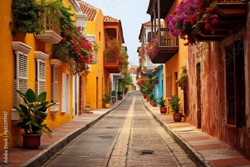 Historic street in Cartagena  Colombia. Generative AI