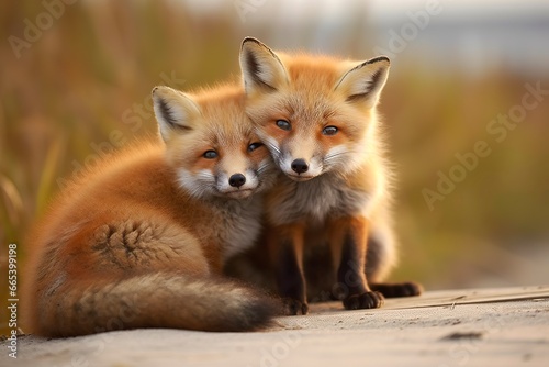 Wild baby red foxes cuddling at the beach. © MdHafizur