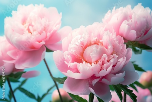 Beautiful pink large flowers peonies on a light blue turquoise background.