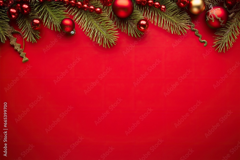 Christmas or New Year red background with fir decor. Christmas or New Year red background with fir decor.
