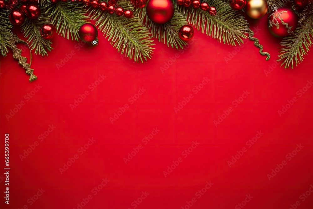 Christmas or New Year red background with fir decor.