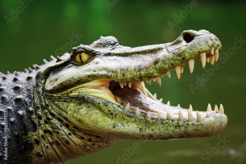 Crocodile with its mouth wide open with a green lake in the green background.