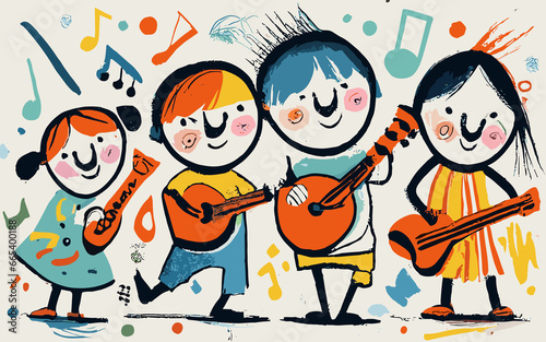 Illustration of children playing guitar with crayons colorful childish style