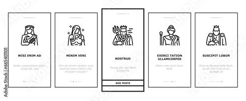greek god mythology ancient onboarding mobile vector. goddess art, antique poseidon, gods zeus, greece dionysus, aphrodite athena, apollo greek god mythology ancient Illustrations