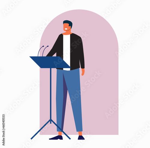 Politician or candidate speaking or giving lecture at lectern.