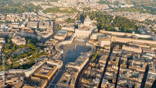 Rome, Italy. View of the Vatican. Basilica di San Pietro, Piazza San Pietro. Flight over the city. Morning hours, Aerial View