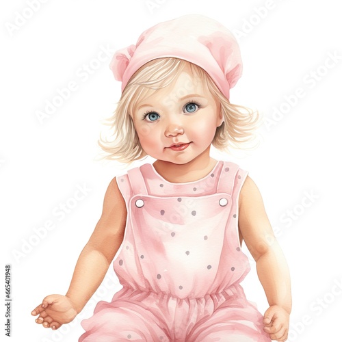 Pink baby girl romper in watercolors on a white background.