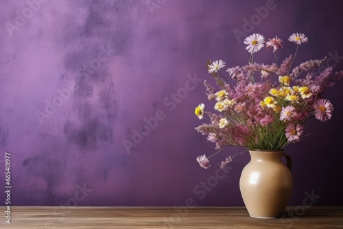 Vase of wildflowers on wooden table and pastel wall texture background