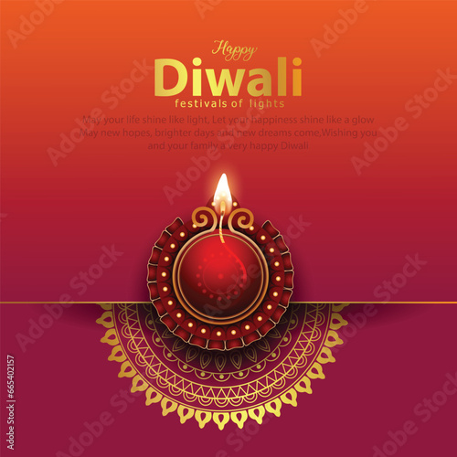 happy Diwali greetings. golden rangoli decoration with Diya. vector illustration